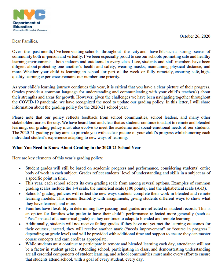 October 26 letter to families about 2020-2021 grading policy
