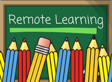 red blue yellow pencils on green background with remote learning written